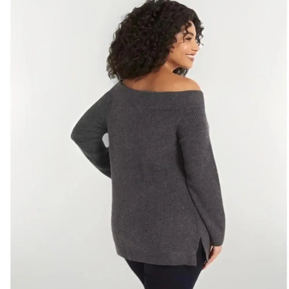 NWT Lane Bryant Off The Shoulder Sweater Heather Grey Ribbed Knit 18/20 Boatneck - Picture 2 of 7
